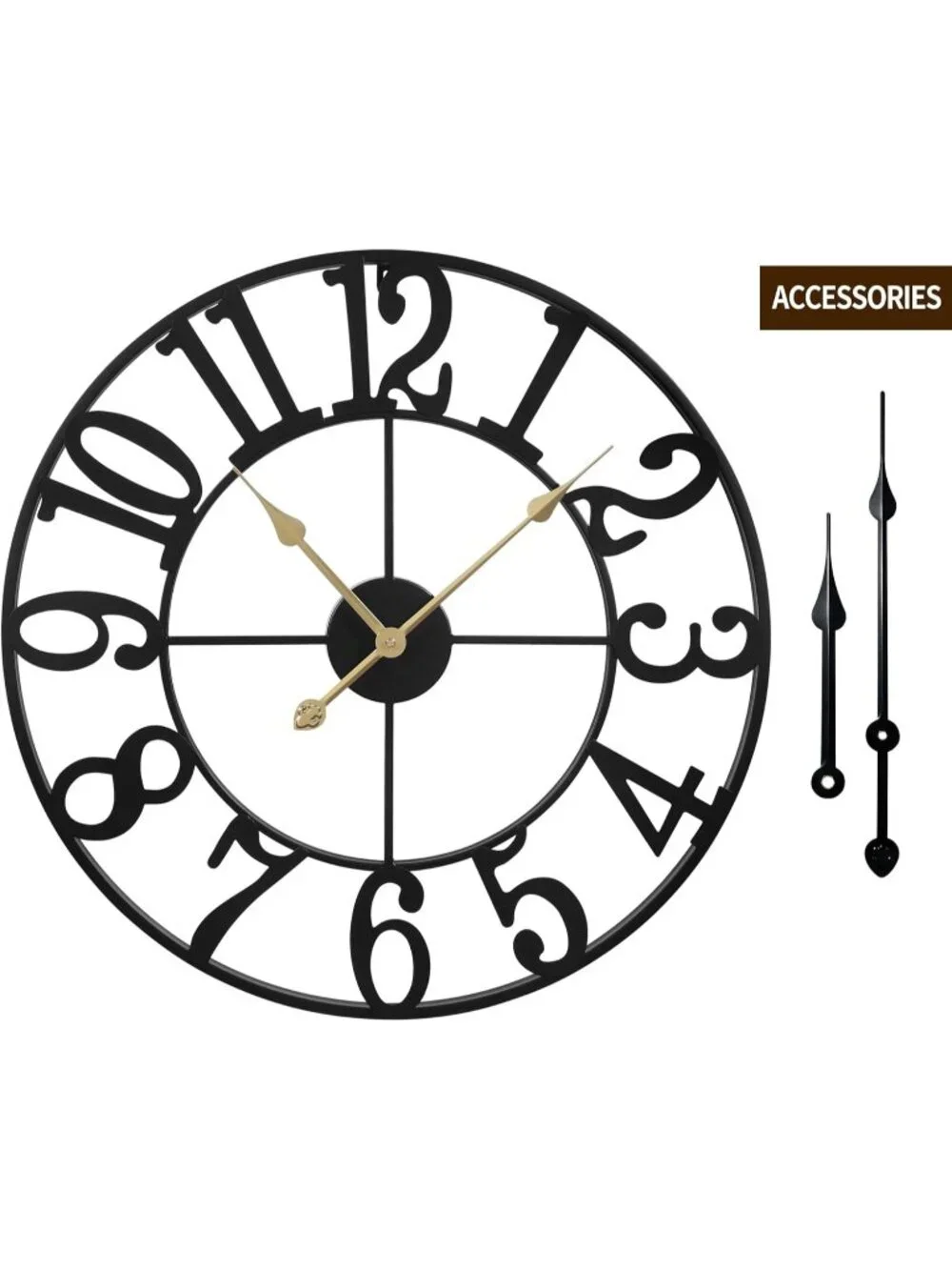 New 16in Large Silent Non-Ticking Black Metal Wall Clock Retro Farmhouse Decor